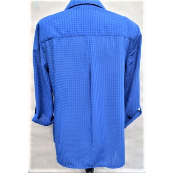 Roll-tab-sleeve front-button blouse Semi-sheer Med blue plaid PL - Picture 2 of 3